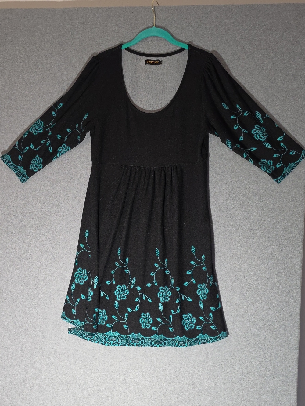 Embroidered Look Black Dress with Teal Floral Detail